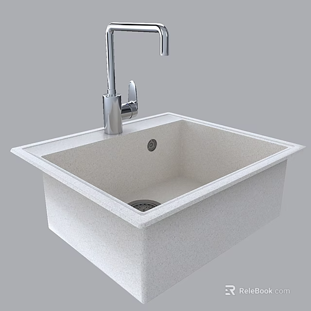 Modern White Square Kitchen Sink In Quartz Material With Stainless Steel Faucet And Drain Hole 3d model 