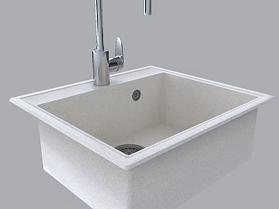 Modern White Square Kitchen Sink In Quartz Material With Stainless Steel Faucet And Drain Hole 3d model