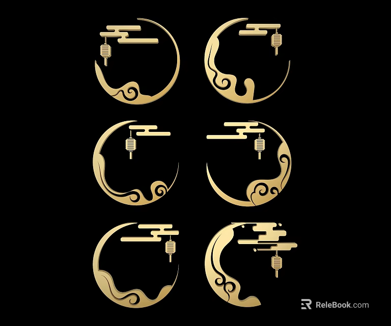 Golden Carving Decorative Circular Designs Featuring Cloud Patterns And Lantern Elements 3d model 