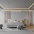 Modern Bedroom Interior With Marble Wall Upholstered Headboard Green Accent Chair And Wardrobe
