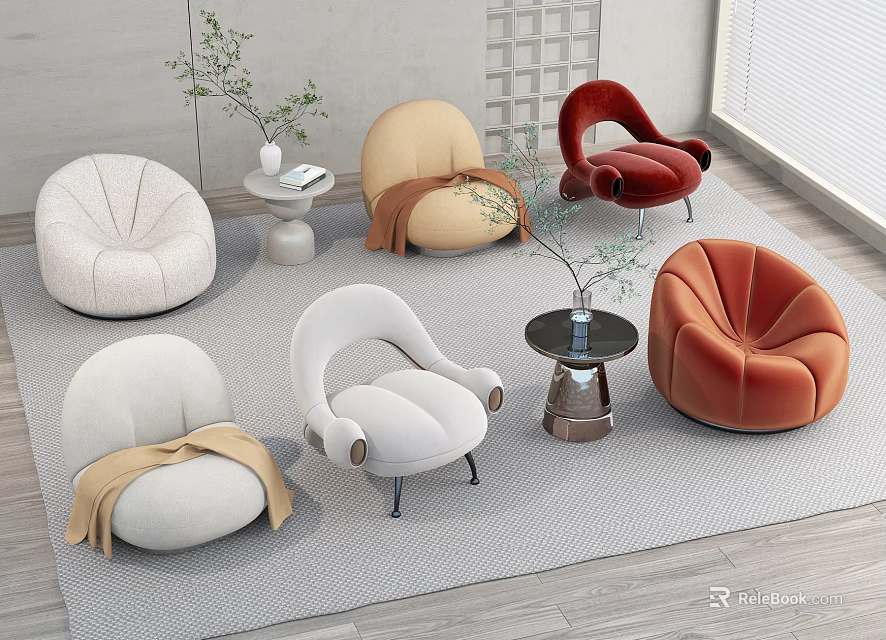 Modern Living Room Interior With Colorful Bean Bag Chairs Small Tables And Green Plants 3d model 