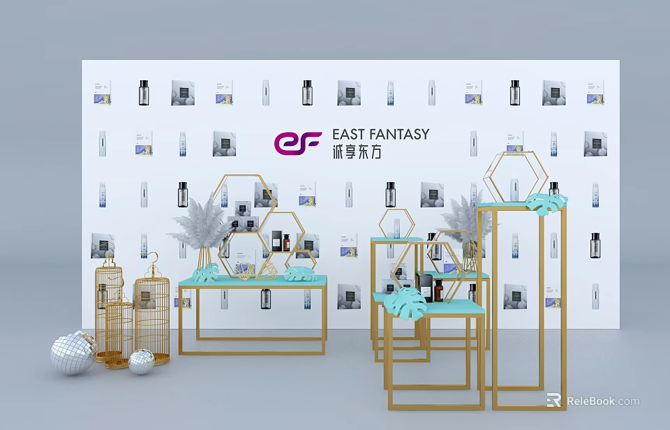 Golden Hexagonal Display Shelves with Green Decorations for Product Exhibition in East Fantasy Retail Space 3d model 