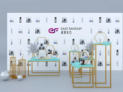 Golden Hexagonal Display Shelves with Green Decorations for Product Exhibition in East Fantasy Retail Space 3d model