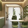 Modern Green Beige Specialty Store Interior With Counter Display Shelves Coffee Machine And Circular Decorations