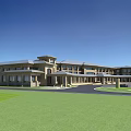 Hotel Building Aerial View With Connected Structures Sloped Roofs Green Lawns And Water Body