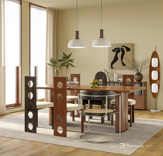 Modern Restaurant Interior With Wooden Dining Table Chairs Pendant Lights Plants And Decorative Art 3d model 
