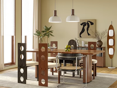 Modern Restaurant Interior With Wooden Dining Table Chairs Pendant Lights Plants And Decorative Art 3d model
