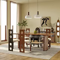 Modern Restaurant Interior With Wooden Dining Table Chairs Pendant Lights Plants And Decorative Art