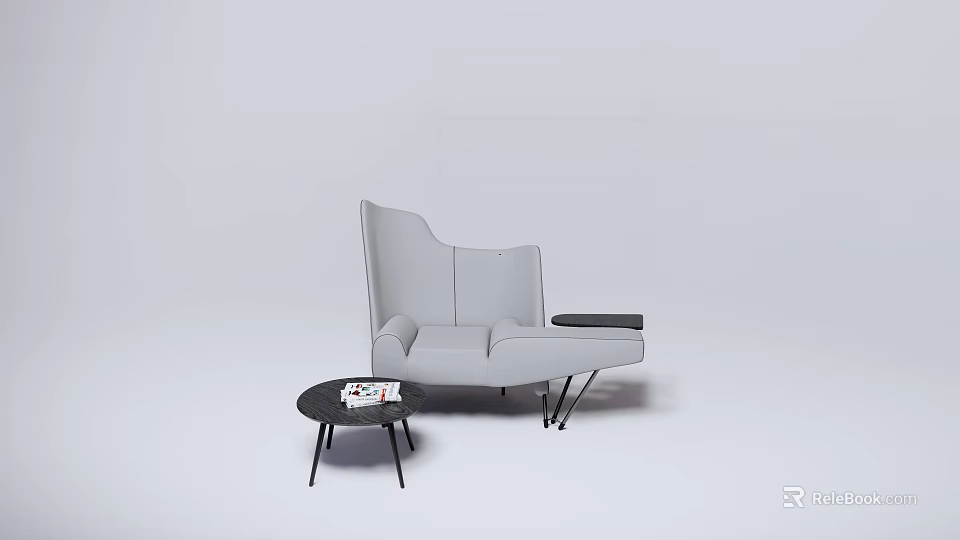 Modern Light Gray Leather Single Sofa With Small Round Side Table And Magazines 3d model