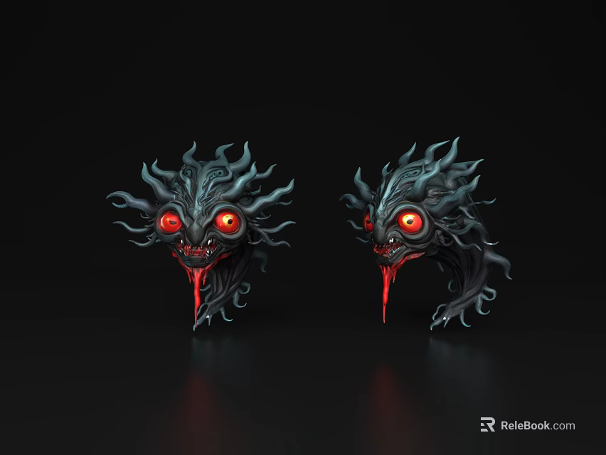 Dragon Heads with Red Eyes and Bleeding Tongues on Black Background and Intricate Horns 3d model 
