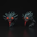 Dragon Heads with Red Eyes and Bleeding Tongues on Black Background and Intricate Horns
