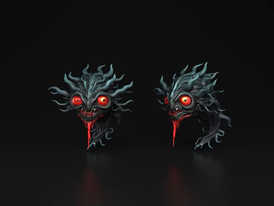 Dragon Heads with Red Eyes and Bleeding Tongues on Black Background and Intricate Horns 3d model