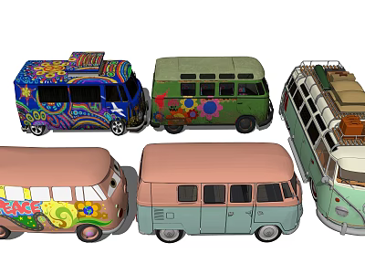 Vintage Utility Vans With Colorful Retro Designs And Decorative Patterns 3d model