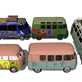 Vintage Utility Vans With Colorful Retro Designs And Decorative Patterns
