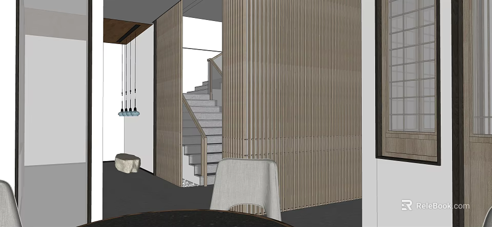 Modern Restaurant Interior With Wooden Slat Partition Staircase And Pendant Lights 3d model 