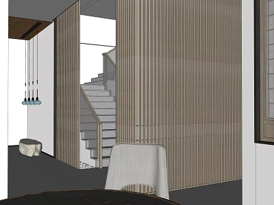 Modern Restaurant Interior With Wooden Slat Partition Staircase And Pendant Lights 3d model