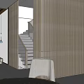Modern Restaurant Interior With Wooden Slat Partition Staircase And Pendant Lights