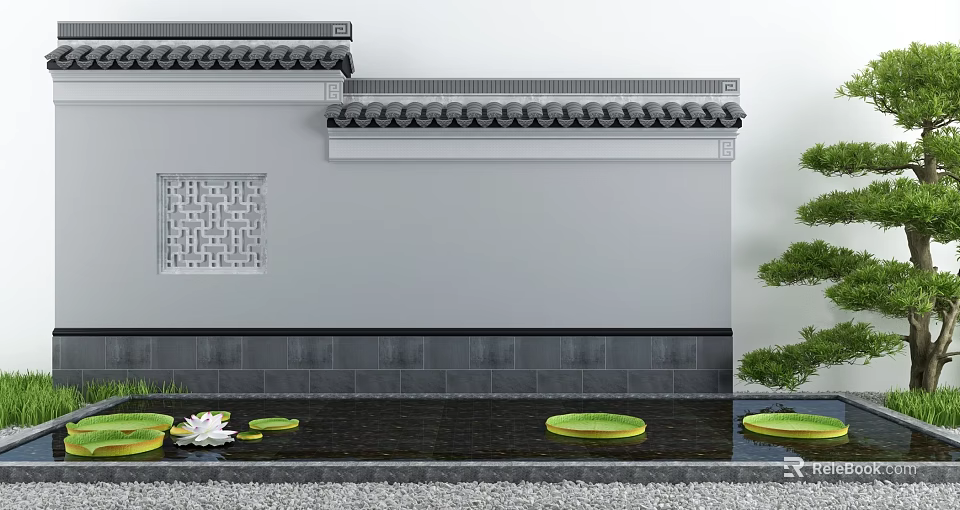 Traditional Karesansui Garden With Gray Wall Tile Roof Lattice Window And Lotus Leaves 3d model 