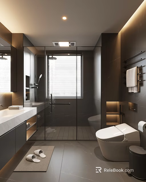 Dark Toned Bathroom With Glass Shower Smart Toilet And Recessed Lighting 3d model 