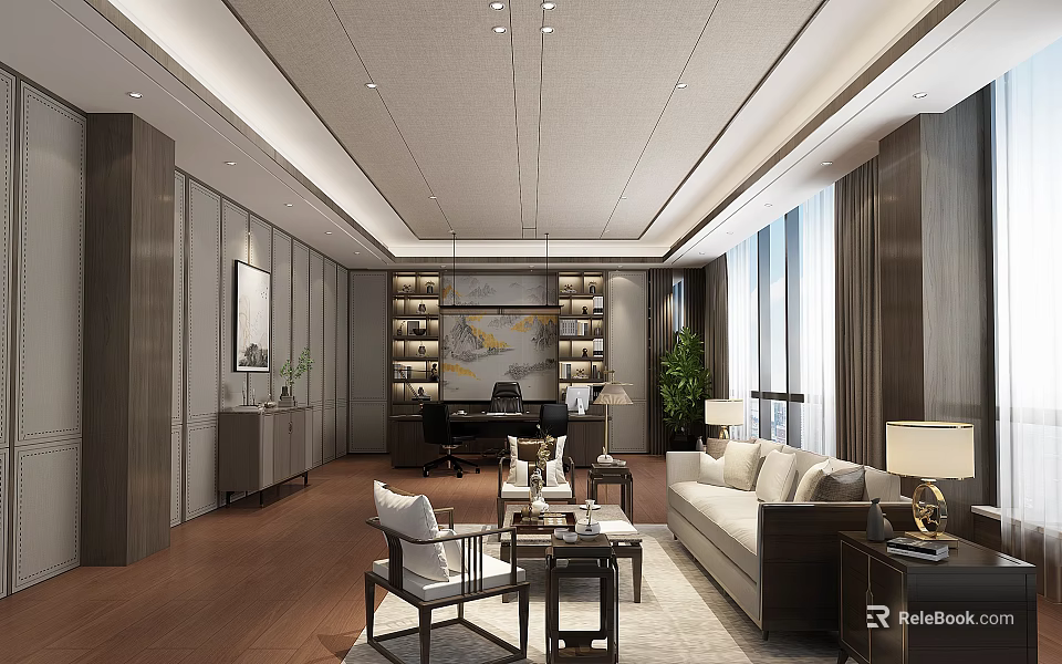 Elegant Modern Office Interior With Wooden Desk Sofa Bookshelf And Lighting 3d model 