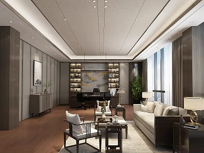 Elegant Modern Office Interior With Wooden Desk Sofa Bookshelf And Lighting 3d model