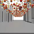 Commercial Equipment Display Corridor In Chinese Style With Hanging Red White Lanterns And Side Doors