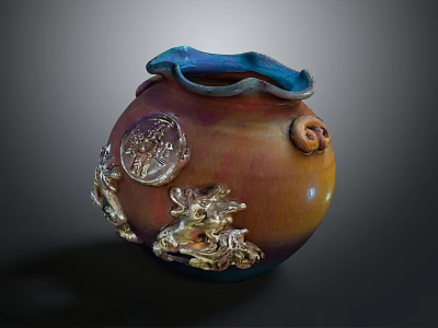 Colorful Glazed Vase With Golden Dragon Motifs And Circular Medallion 3d model