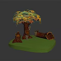 Autumn Themed Tree With Orange Yellow Leaves And Tree Stump On Green Grassy Base
