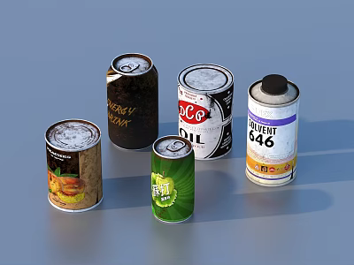 Assorted Household Canned Goods With Peach Jam Soda Oil And Lime Labels 3d model