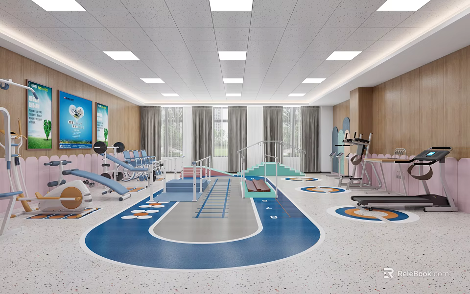 Hospital Outpatient Rehabilitation Area With Colorful Floor Slide Steps And Equipment 3d model 
