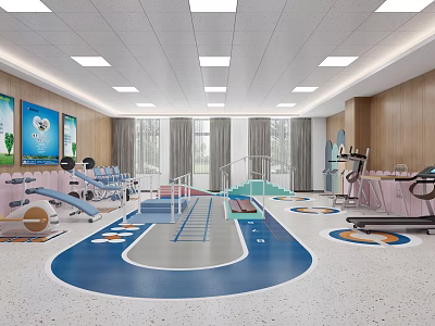 Hospital Outpatient Rehabilitation Area With Colorful Floor Slide Steps And Equipment 3d model
