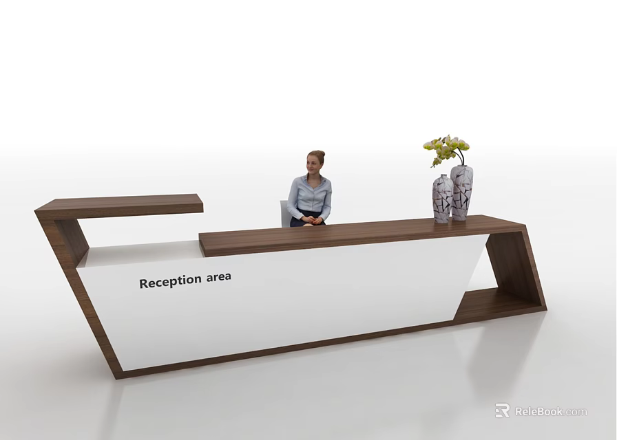 Modern Reception Desk In Office Reception Area With Receptionist And Flower Vase 3d model 