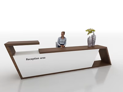 Modern Reception Desk In Office Reception Area With Receptionist And Flower Vase 3d model