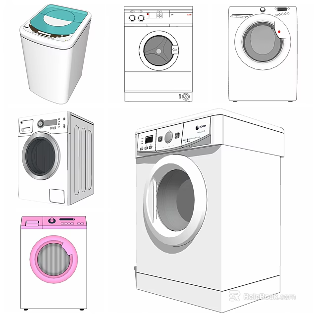 Various Modern Washing Machines with Front Top Loading Designs and White Pink Colors 3d model 