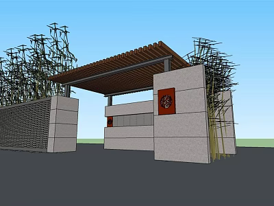 Building Exterior Facade With Pergola Canopy Decorative Red Elements Stone Structure Surrounded By Bamboo Plants 3d model