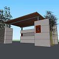 Building Exterior Facade With Pergola Canopy Decorative Red Elements Stone Structure Surrounded By Bamboo Plants