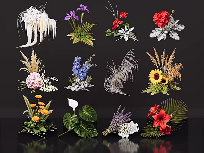 Various Colorful Flower Bouquets With Different Types And Decorative Green Leaves 3d model