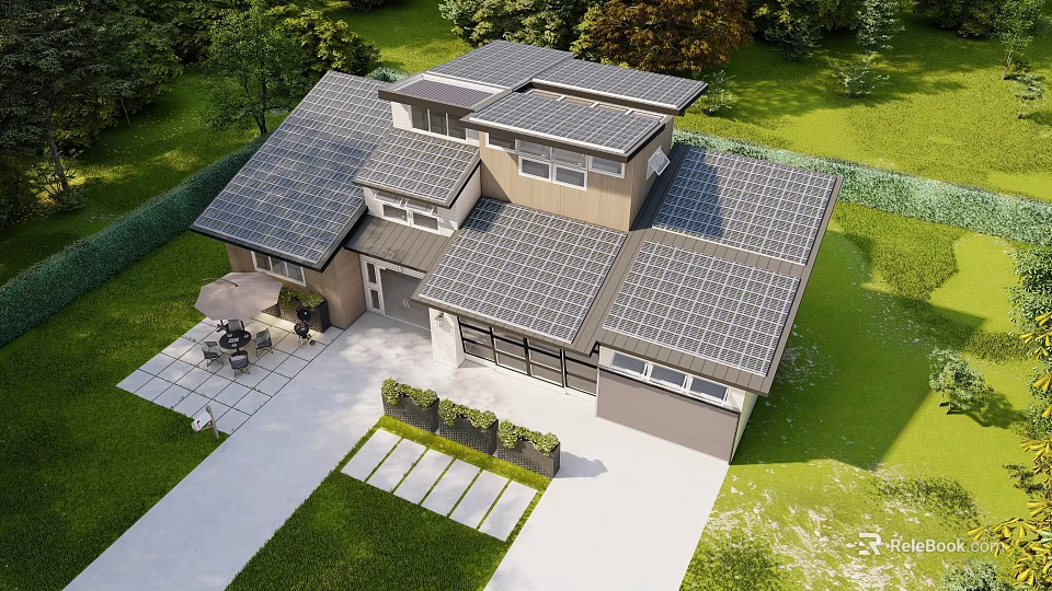 Detached House Exterior With Solar Panel Roof Green Lawn Spacious Outdoor Yard And Driveway 3d model 