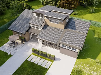 Detached House Exterior With Solar Panel Roof Green Lawn Spacious Outdoor Yard And Driveway 3d model