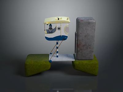 3D Scenery Components With Yellow Blue Structure Gray Block And Green Grassy Base 3d model