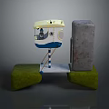 3D Scenery Components With Yellow Blue Structure Gray Block And Green Grassy Base 3d model