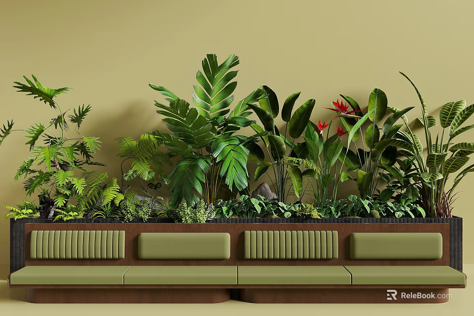 Tropical Plant Combination Against Light Brown Wall With Green Bench Large Leaves And Red Flowers 3d model 