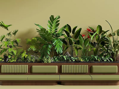 Tropical Plant Combination Against Light Brown Wall With Green Bench Large Leaves And Red Flowers 3d model