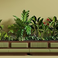Tropical Plant Combination Against Light Brown Wall With Green Bench Large Leaves And Red Flowers