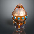 Decorative Metallic Object With Copper Dome Blue Circular Accents And Orange Support Legs
