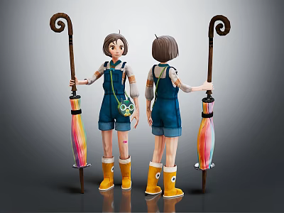 Character Wearing Blue Overalls With Yellow Boots And Curved Handle Staff With Colorful Decoration 3d model