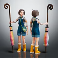 Character Wearing Blue Overalls With Yellow Boots And Curved Handle Staff With Colorful Decoration