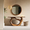 Stylish Wooden Console Table With Round Mirror Hanging Lamp Candles Green Plant And Wicker Basket