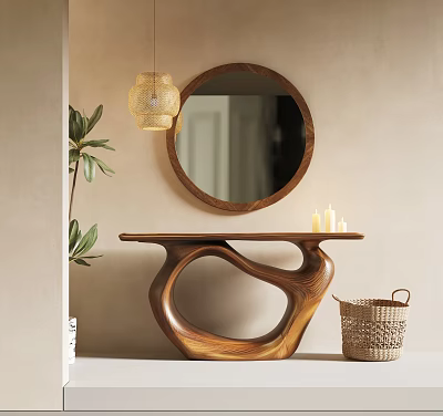Stylish Wooden Console Table With Round Mirror Hanging Lamp Candles Green Plant And Wicker Basket 3d model