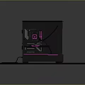 Black Computer Case With Transparent Side Panel And Pink LED Lighting Fans On Display Stand
